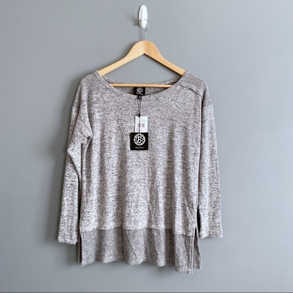 Bobeau Gray Long Sleeves Heather Layered Knit Side Slit Pullover Sweater Size S